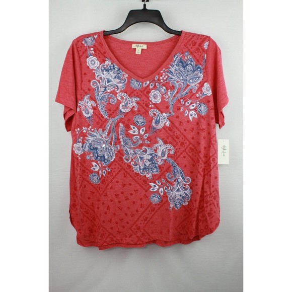 Style&co Women's Core Fashion Graphics Top Shirt Blouse Size 1X Red Tapestry - Picture 1 of 4